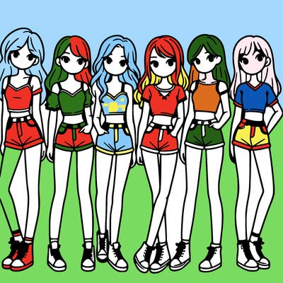 a group of girls wearing crop tops and shorts