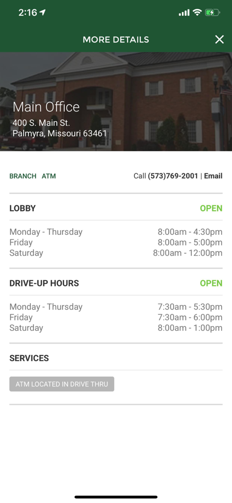 HOMEBANK - Mobile app screen showing HOMEBANK branch office hours and location information