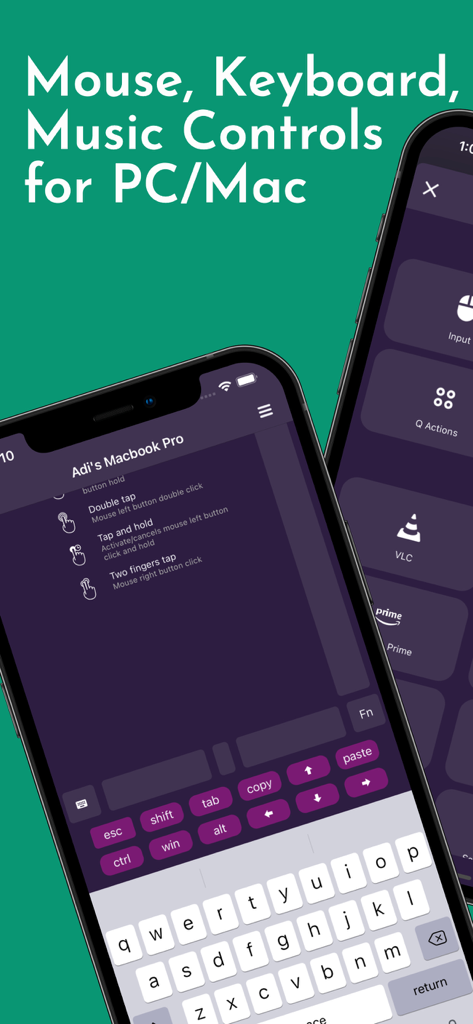 Interfaz de Remote App PRO mostrando controles de teclado y ratón para PC y Mac en iPhone