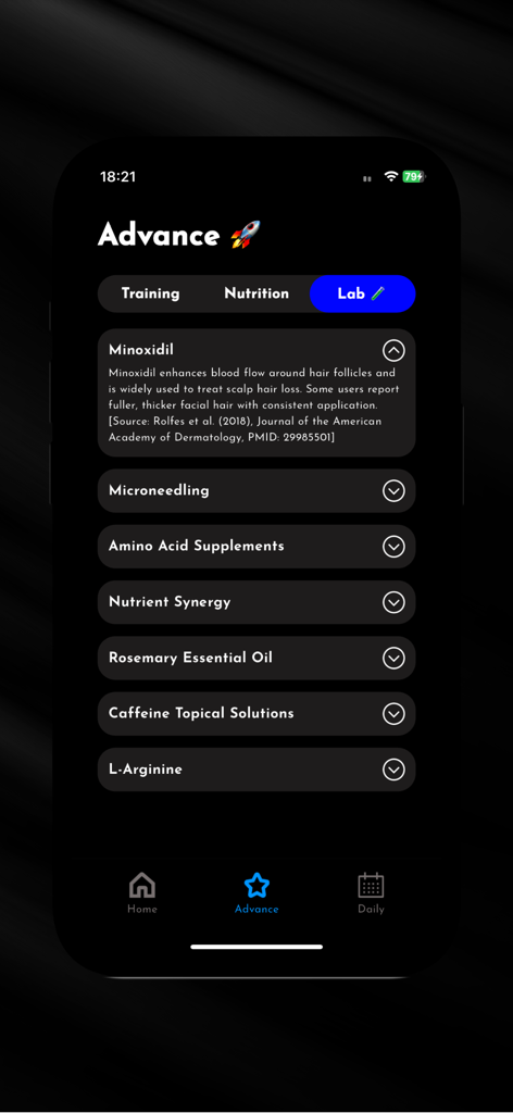 Beardly - Grow a Beard - Beardlyアプリのラボセクションに、科学的根拠に基づいた髭（ひげ）の成長治療法とテクニックが表示されています