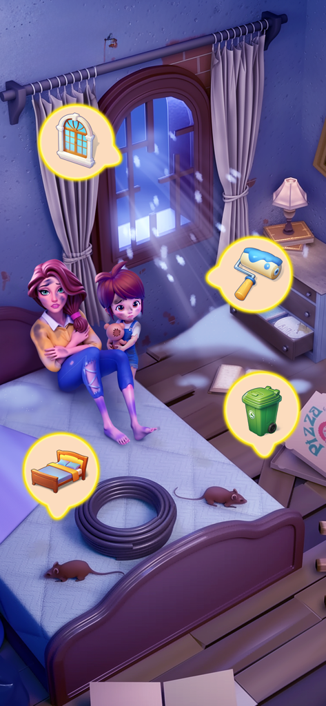 Una mujer y un niño en una habitación en ruinas con iconos de tareas de renovación para una ventana y una cama