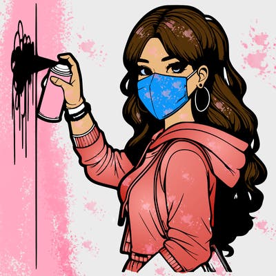 realistic girl with mask spray painting a wall