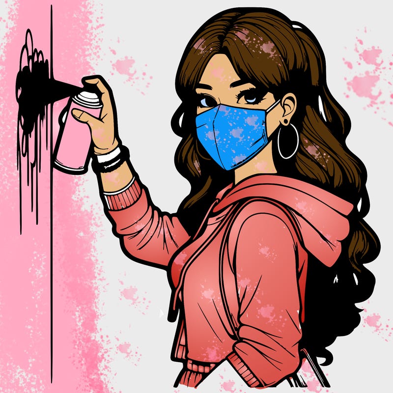 realistic girl with mask spray painting a wall