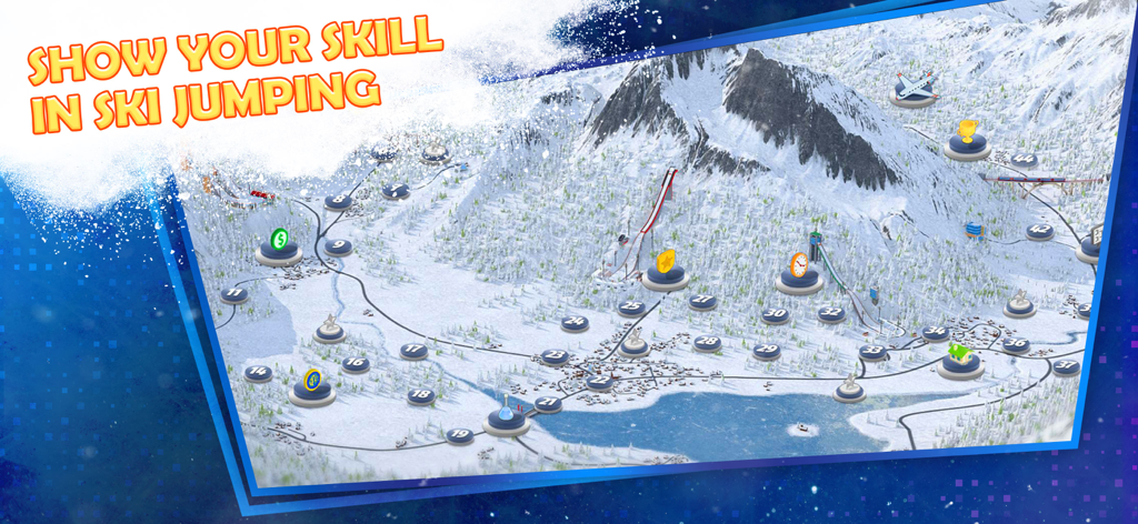 Ski Jump Mania 3 s2 - A snowy mountain world map showing various ski jumping levels and challenges.