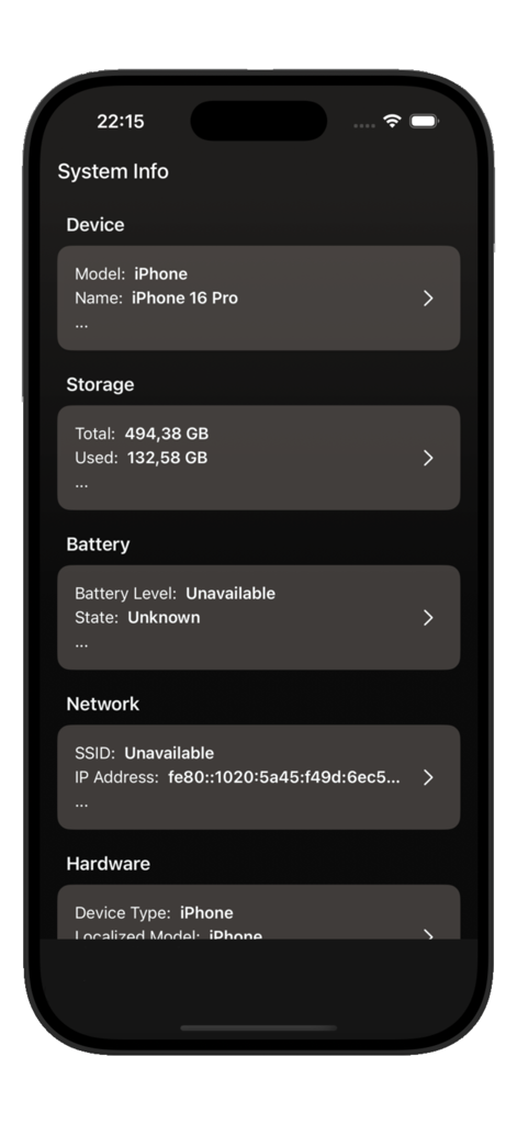 Shizuku Tool - Shizuku Tool app dashboard showing iPhone system info including storage and network details