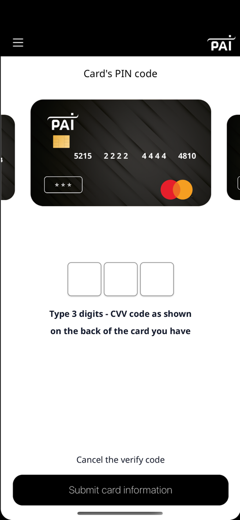 Pai-Pay - Pai-Pay app screen showing a virtual card and fields to enter the CVV code for verification