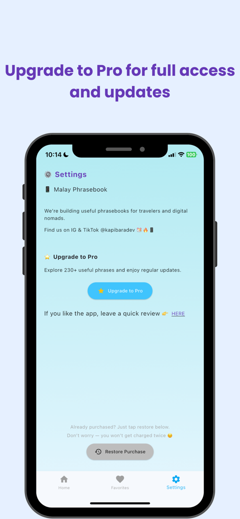 Malay Phrasebook for Travel - 旅行のためのマレー語フレーズ集アプリの設定画面。プロへのアップグレードや購入の復元などのオプションが表示されています。