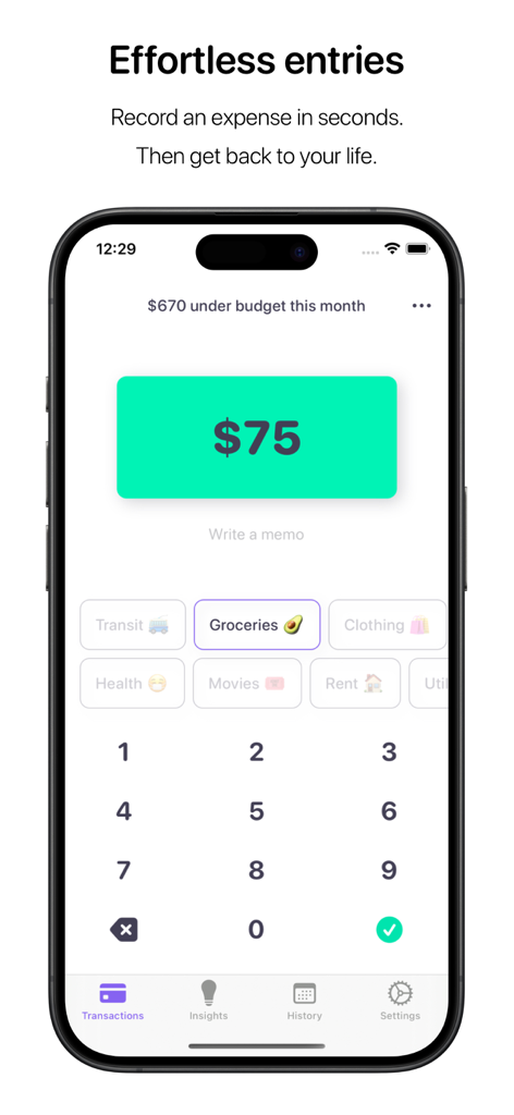 Screenshot of the Nudget app interface for quick manual expense entry featuring a large amount display and category selection.