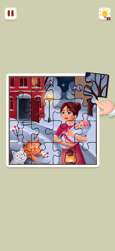 Satisfying Organize Mini games - Uma mão colocando a última peça de um quebra-cabeça de inverno que retrata uma mãe segurando um bebê em uma cena externa com gatos.