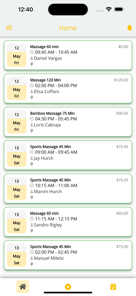 Spa Business - Tela inicial da aplicação Spa Business mostrando uma lista de agendamentos de massagem com nomes de staff e preços