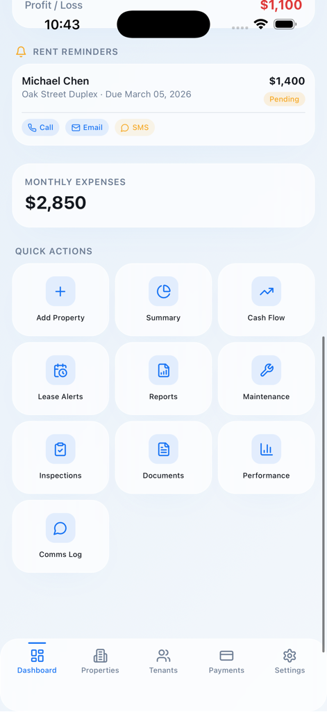 RentWise Manager - iPhone의 RentWise Manager 앱 대시보드가 임대 알림, 월별 지출 및 부동산 관리 빠른 실행 그리드를 표시합니다.