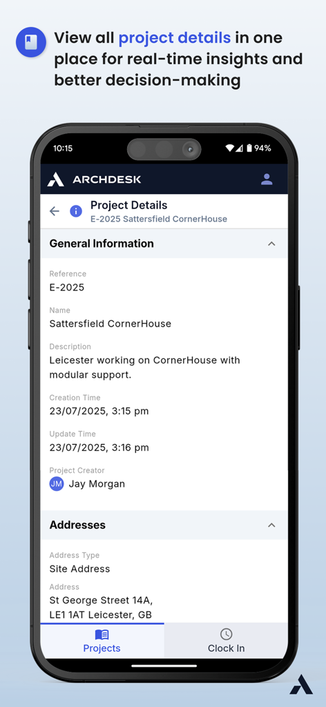 Archdesk Lite mobile app screen displaying construction project details, general information, and site address
