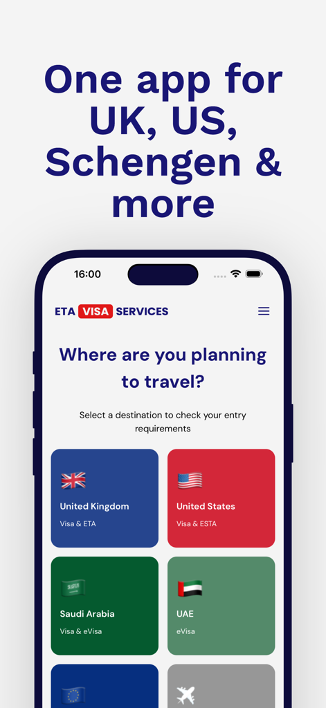 UK ETA Visa Services - Interfaz de la aplicación UK ETA Visa Services que muestra opciones de destino de viaje para Reino Unido, EE. UU., Arabia Saudita y EAU