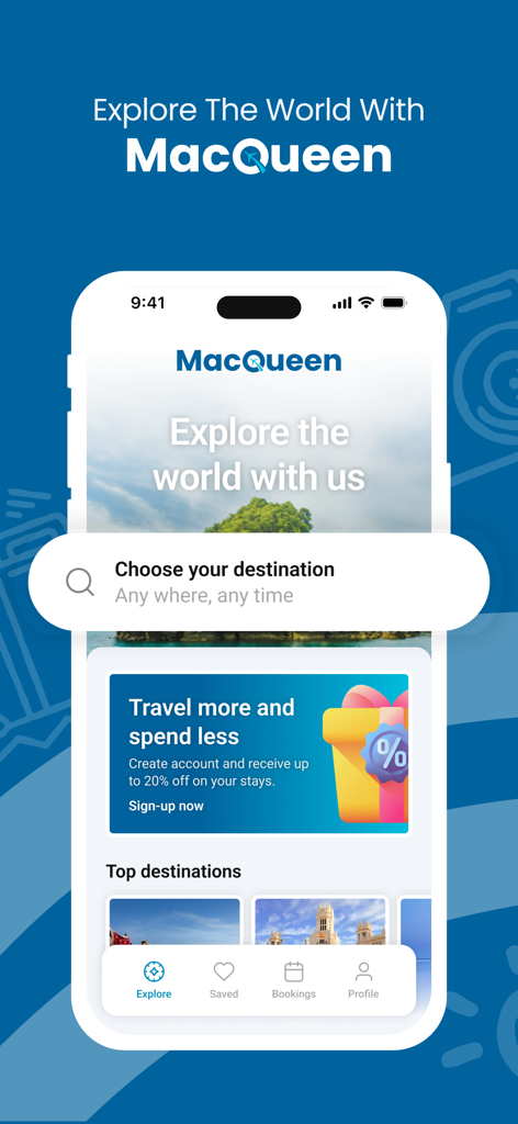 MacQueen: Best Hotel Rates - MacQueen hotel booking app interface with search bar and discount offers