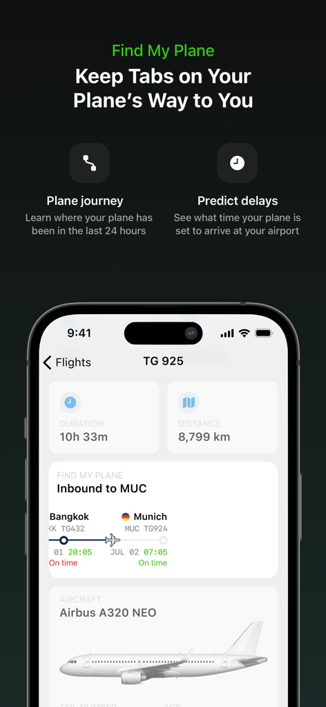 Track Live Flights - Mileways - Mileways app interface showing inbound flight tracking information and an Airbus A320 NEO illustration.