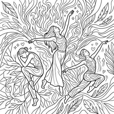Dive into the world of contemporary dance and emotional expression with this captivating coloring page designed for teens. Featuring three dynamic figures amidst swirling patterns, it's a perfect canvas to explore a spectrum of feelings with your colors.