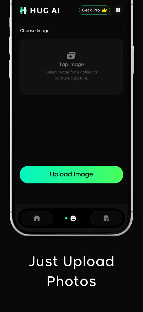 AI Hug Video Generator - HugAI - A smartphone screen showing the upload image interface of the AI Hug Video Generator app