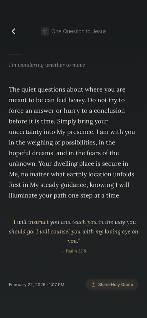 One Question to Jesus - Una pantalla oscura y minimalista de la aplicación Una Pregunta a Jesús que muestra una respuesta espiritual y un versículo bíblico