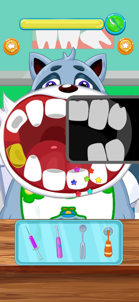 Animal Doctor - Exame dentário de um guaxinim de desenho animado com visão de raio-X no jogo Animal Doctor.