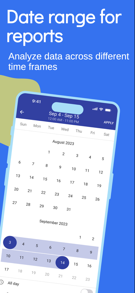 Una pantalla de smartphone que muestra un calendario para seleccionar un rango de fechas para los informes de ventas del negocio