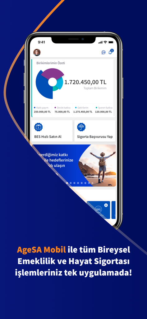 AgeSA Mobil - AgeSA Mobil 앱 대시보드에 개인 연금 및 보험 옵션과 함께 화려한 도넛 차트가 포함된 저축 요약이 표시됨