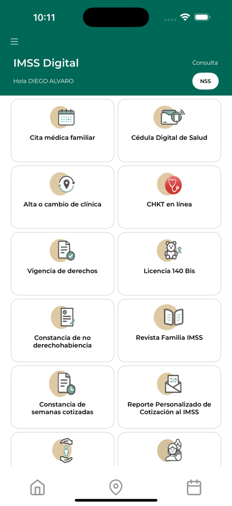 IMSS Digital - Main menu of the IMSS Digital app showing options for medical appointments and social security services