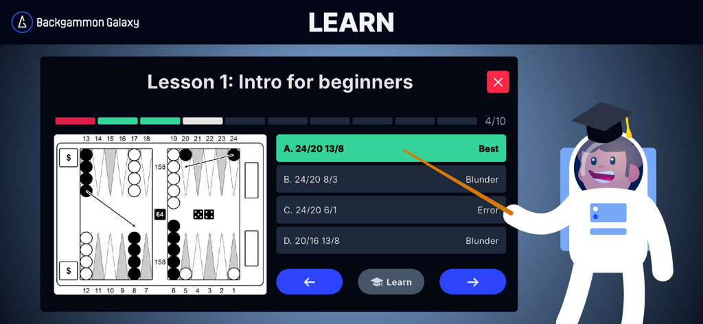 Backgammon Galaxy learning interface showing Lesson 1 for beginners with a tactical move quiz