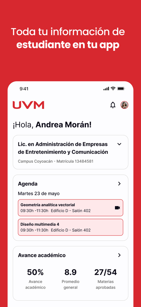 Panel del estudiante de la app Conexión Lince UVM mostrando el progreso académico y el horario de clases
