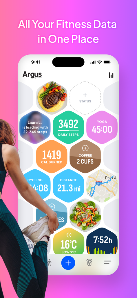 Panel de control de la aplicación Argus que muestra métricas de salud como pasos, calorías y sueño en un diseño de mosaicos hexagonales