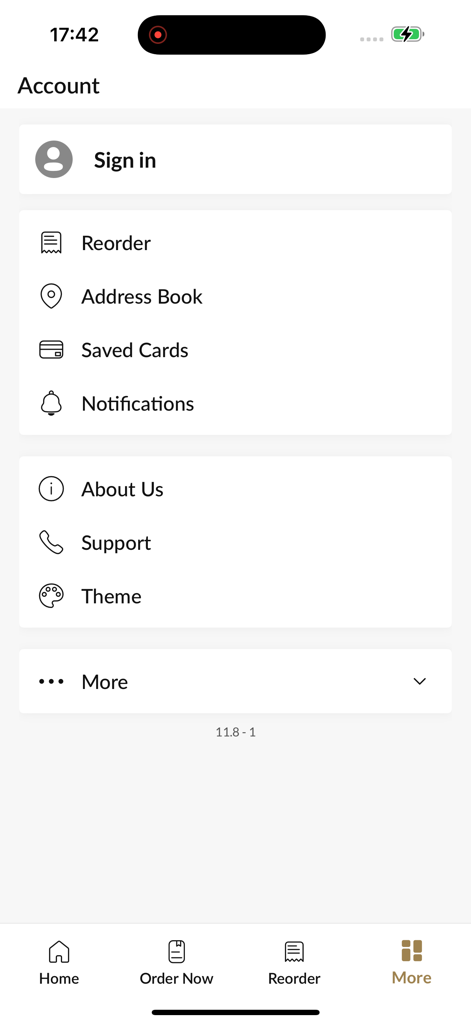 Menu de configurações de conta e perfil de usuário do aplicativo móvel Thats Amore Pizza.