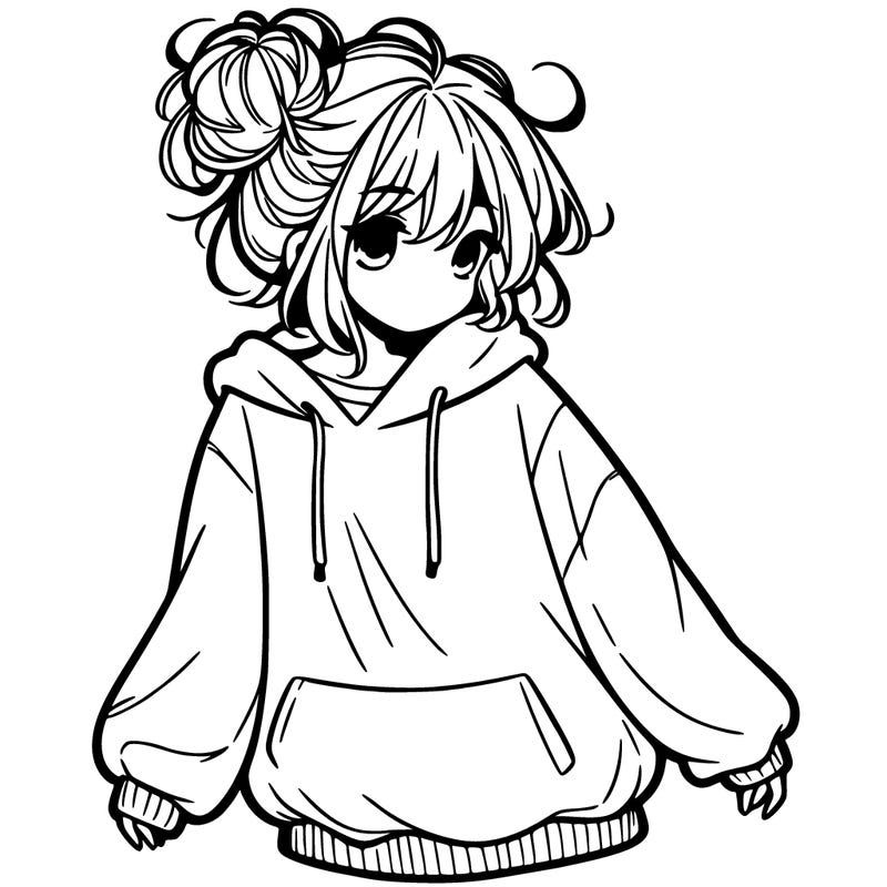 girl with baggy sweatshirt and messy bun