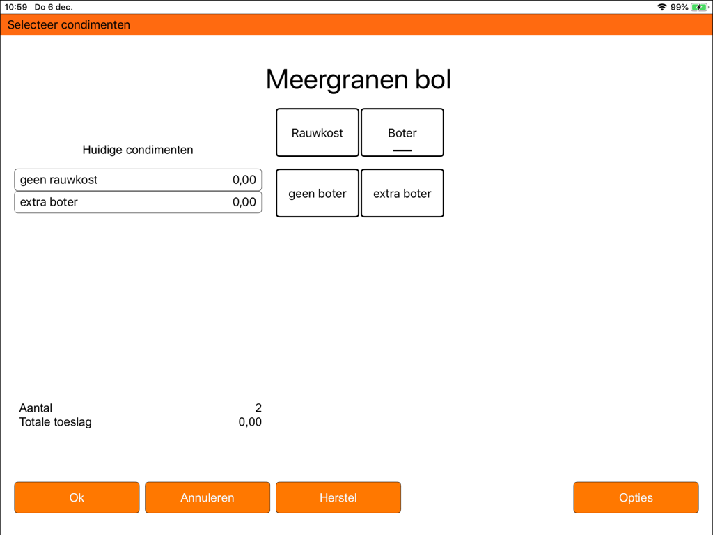 Interface de ponto de venda para uma padaria mostrando opções de personalização para um pão multigrano, incluindo vegetais e manteiga.
