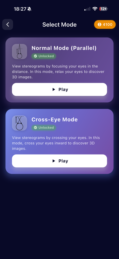 Modusauswahlbildschirm des Stereogramm-Spiels Magic Eye mit Optionen für den normalen Parallelmodus und den Kreuzblickmodus.