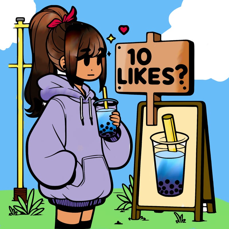 girl with oversized hoodie drinking boba and she has a high ponytail with a sign that says 10likes?