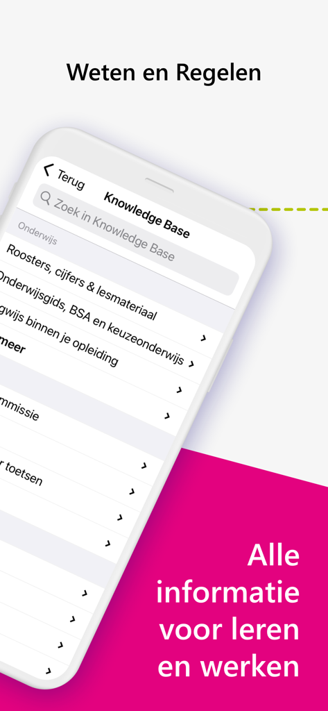 Inholland Iris - Inholland Iris app interface showing the Knowledge Base screen with links for schedules and grades