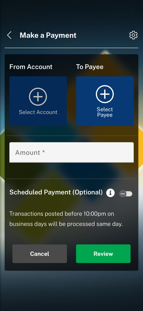 The make a payment screen on the ECAB Mobile app interface