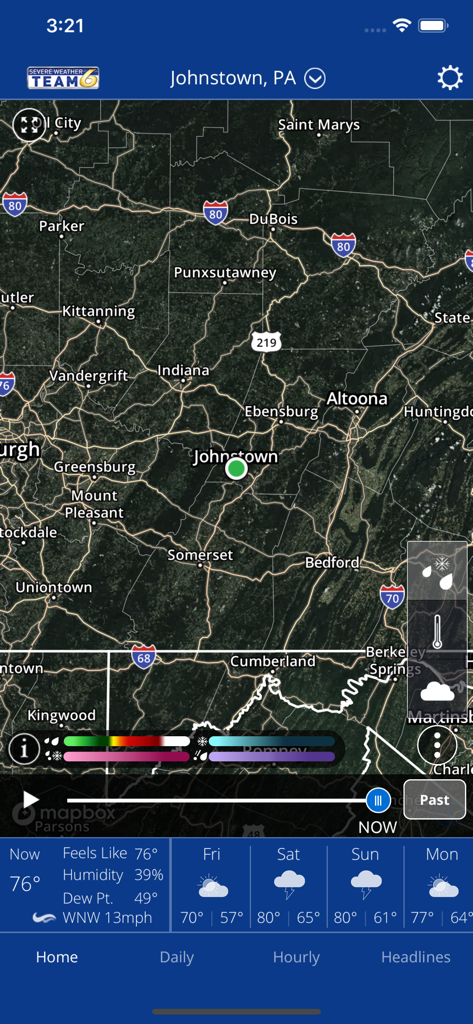 Screenshot of the WJAC WX app showing a weather radar map of Johnstown Pennsylvania with current conditions and a weekly forecast.