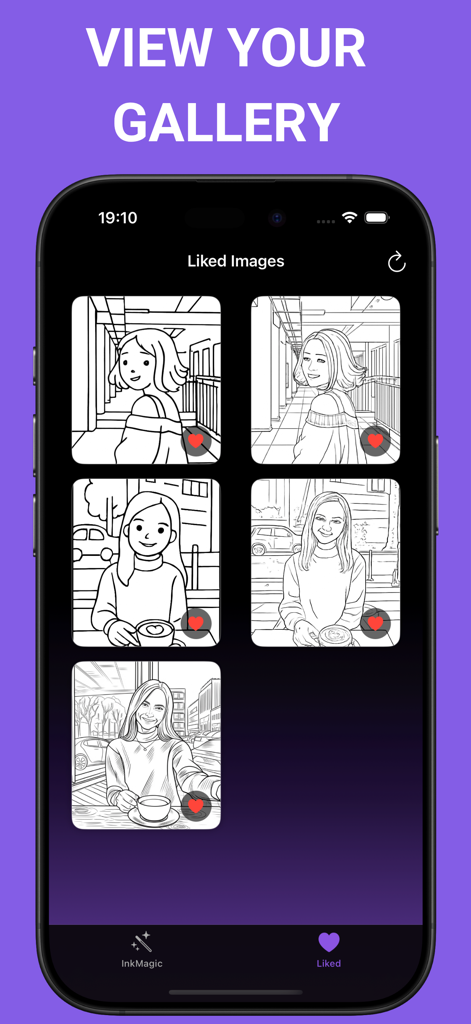 InkMagic Photo Coloring Pages - A mobile screen showing a gallery of liked coloring pages created from photos within the InkMagic app.