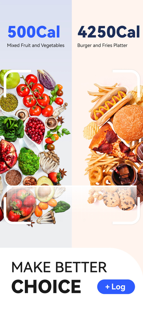 AI Calorie Counter - Appediet - Comparación lado a lado de calorías entre verduras saludables y comida rápida alta en calorías para ayudar a los usuarios a tomar mejores decisiones