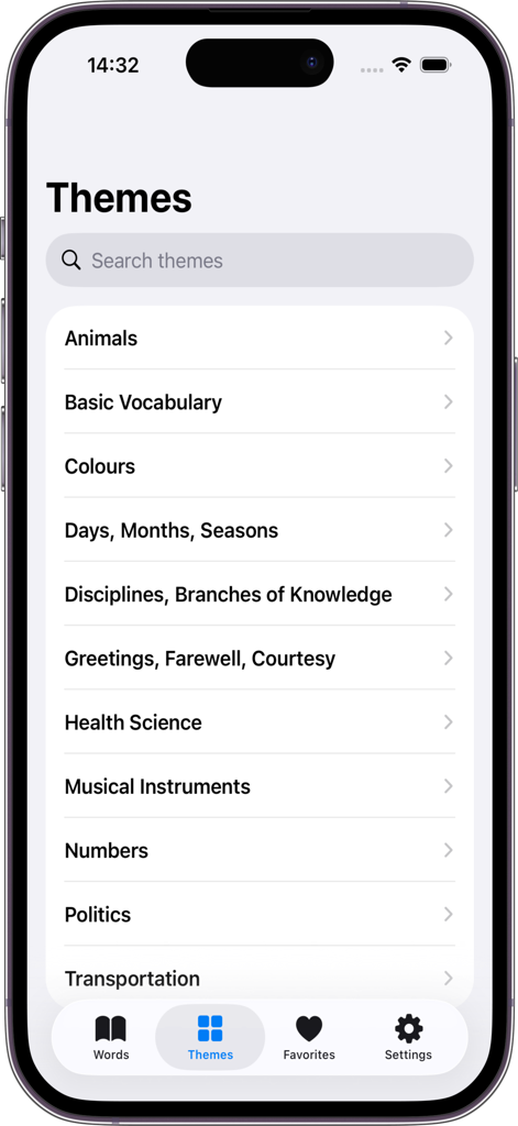 Sématos - Interface de l'application Sematos montrant divers thèmes de vocabulaire de langue des signes comme les animaux et le vocabulaire de base