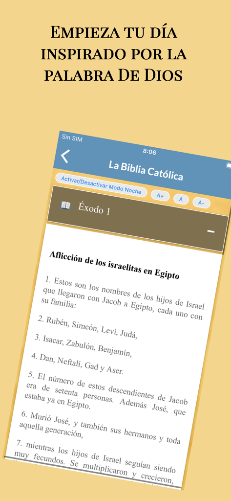 La Biblia Católica en Español - Interfaz móvil de la aplicación Biblia Católica en Español mostrando el capítulo uno del Éxodo.