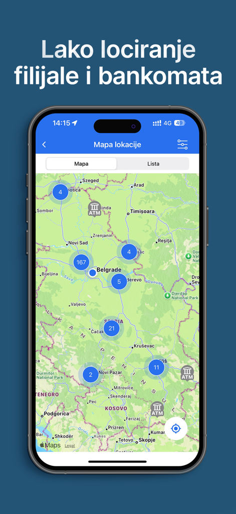mBanking Erste Banka Srbija - Map showing branches and ATMs on the Erste Banka Srbija mobile banking app