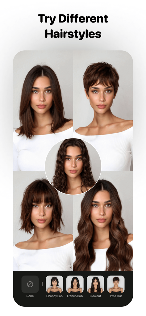 PhotoCat - Enhancer & Cleaner - Interfaz mostrando varias opciones de peinado IA aplicadas a la foto de una mujer, incluyendo corte bob y pixie.