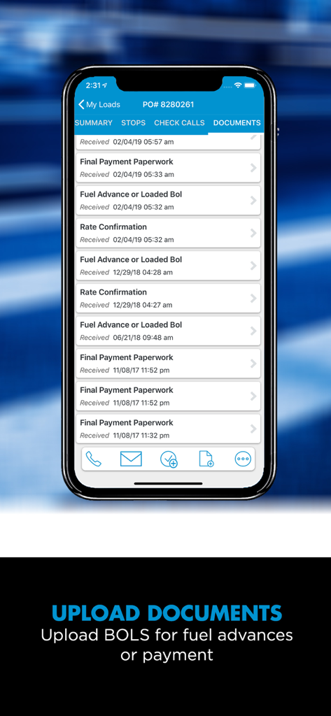 TQL Carrier Dashboard - TQL Carrier Dashboard app screen showing a list of uploaded BOLs and payment paperwork