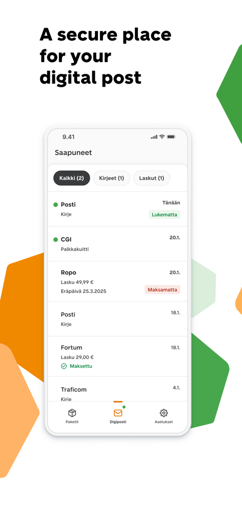 OmaPosti - Interface of the OmaPosti app showing a secure digital postbox with letters and invoices