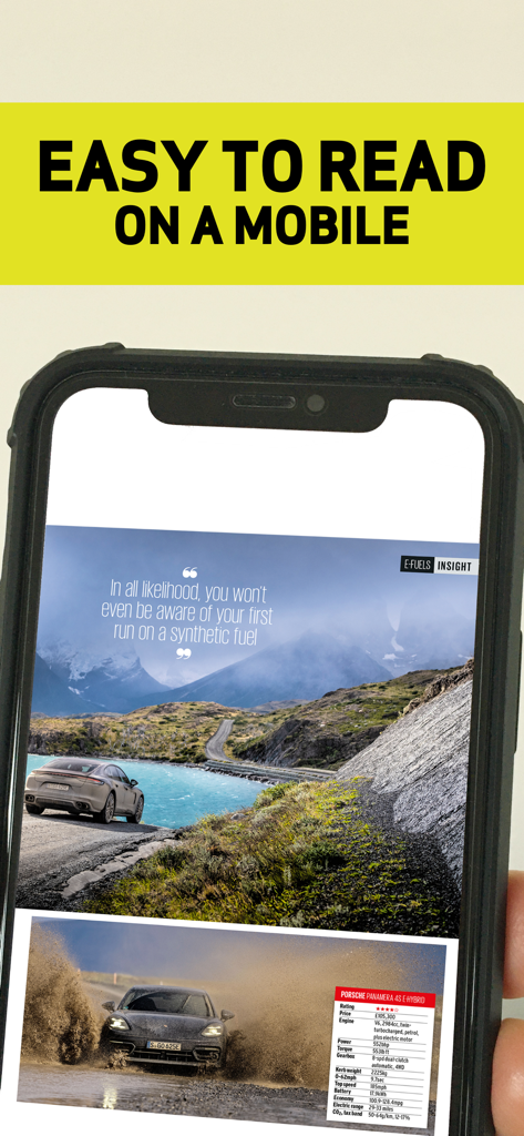 Aplicación móvil Autocar mostrando un artículo de revista digital de coches con fotografía de alta resolución