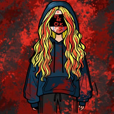 girl with long wavy hair in oversized hoodie, trackies, and has no face