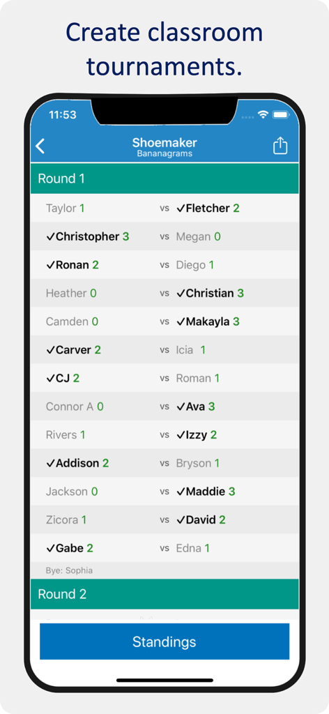 A mobile app screen showing a classroom tournament bracket with student matchups and scoring for game-based learning.