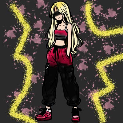 girl in baggy pants crop top and long hair