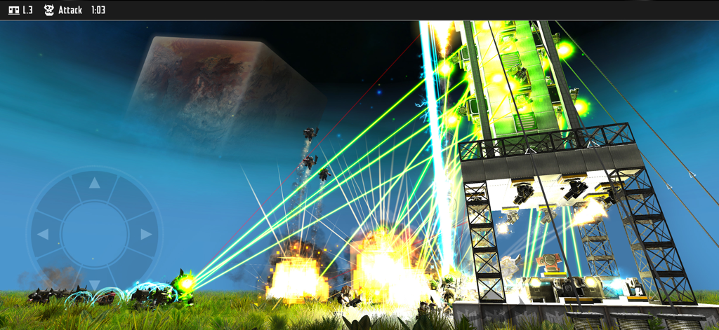 Block Fortress 2 - Block Fortress 2 gameplay showing a large fortified tower defending against an enemy attack with green laser beams.
